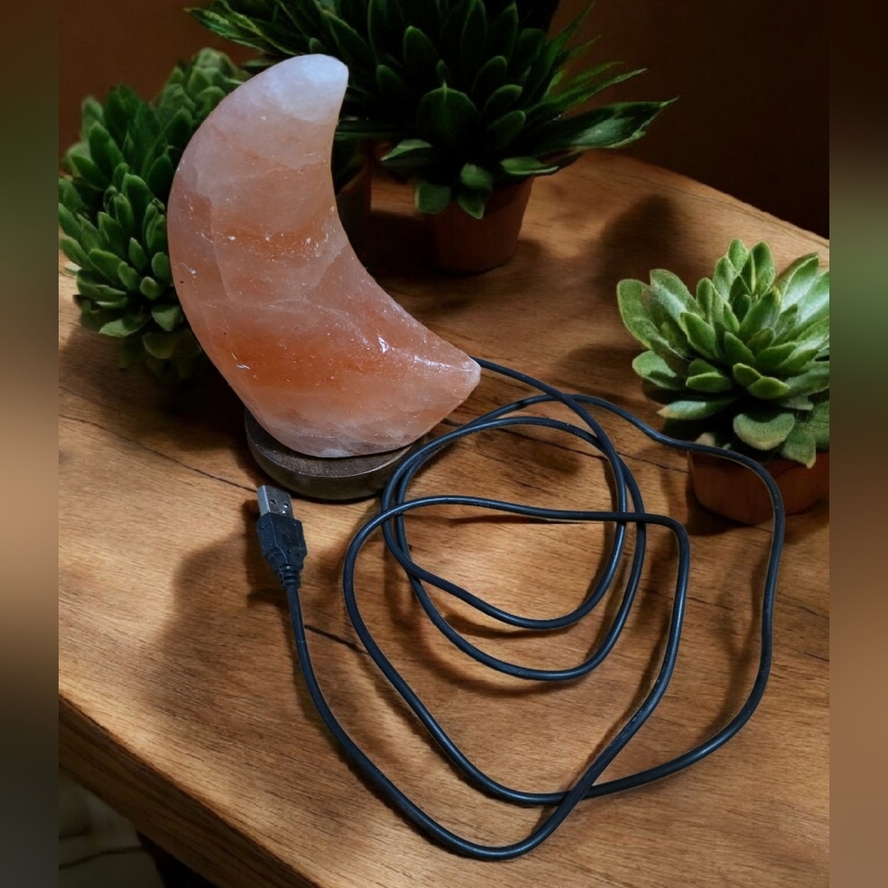 Himalayan Mini Moon Salt Lamp Nightlight With USB Cord & Wooden Base